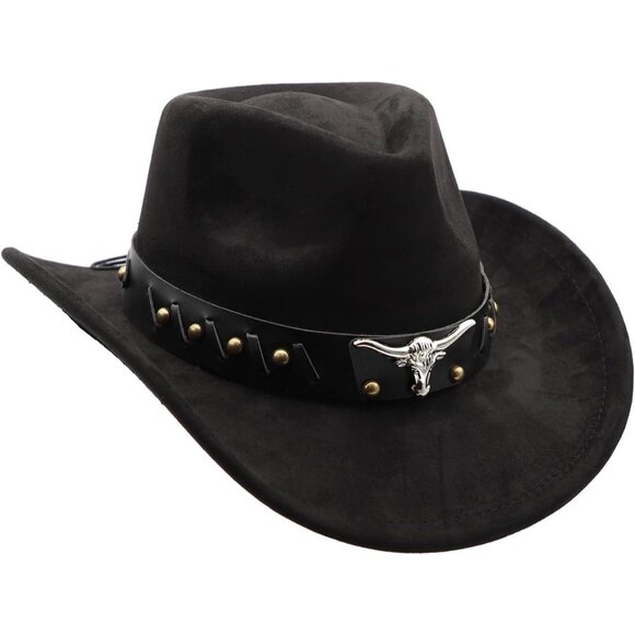 Unisex Black 100% Polyester Western with Bull Skull Buckle Band Felt Cowboy Hat - Picture 3 of 5